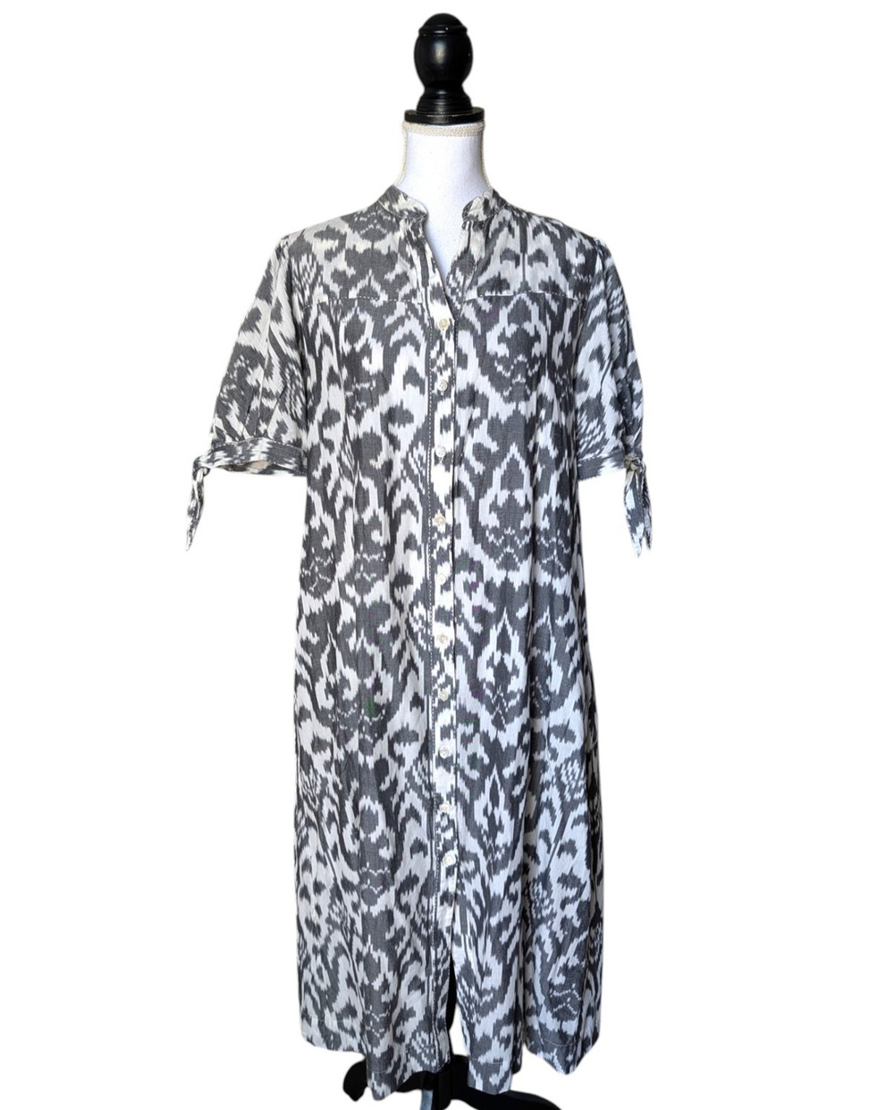 Seema Kahai Gray White Ikat 100% Cotton Midi Dress Sz Small Button Front V Neck